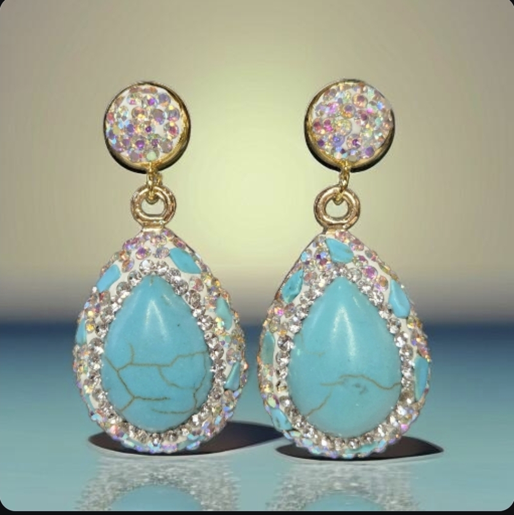 18k Gold Plated Chunky Turquoise AB Crystal Drop Dangle Earrings